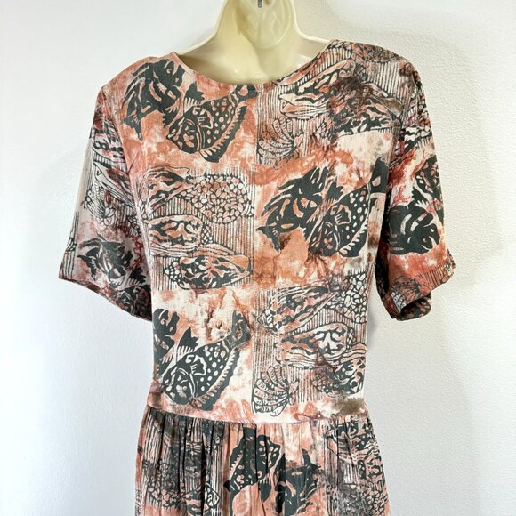 Vintage 80s Maxi Shirt Dress XL Koi Fish Sea Shells Beach Artsy Boho Crinkle - Picture 6 of 11